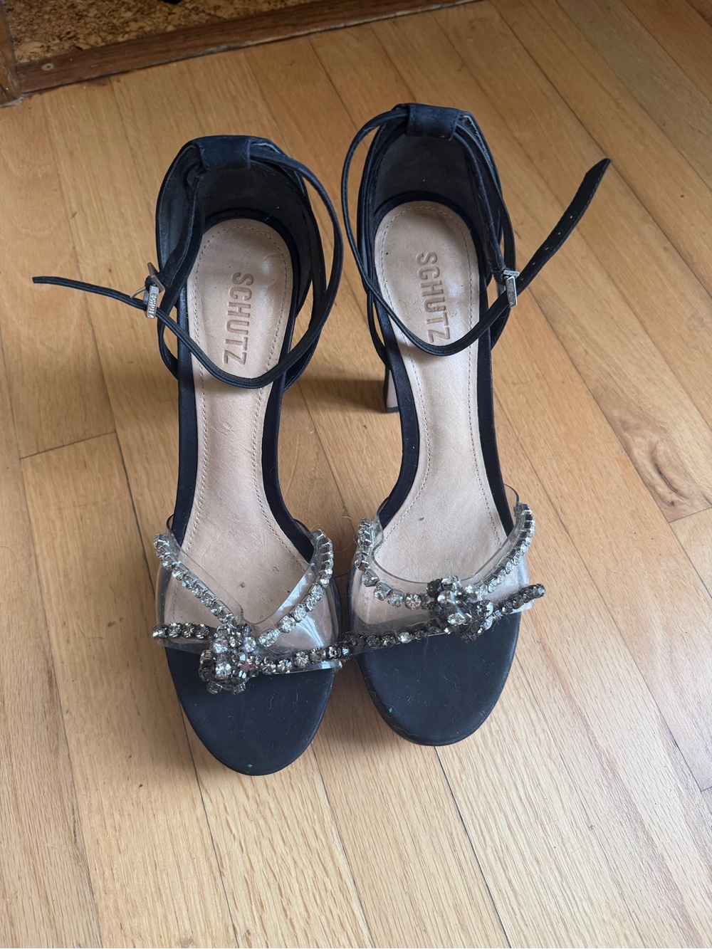 SCHUTZ Black Crystal-Strap Ankle-Heels